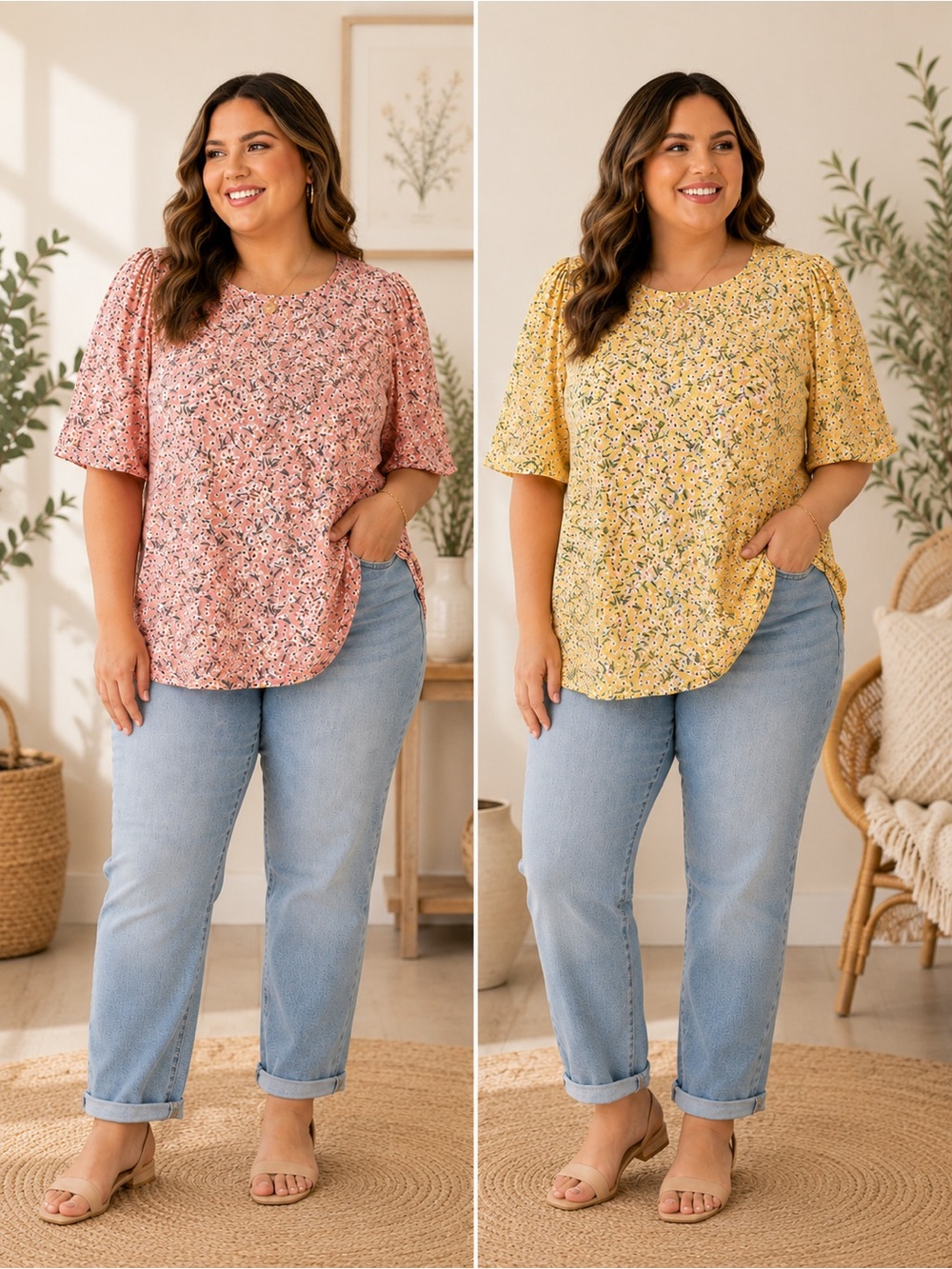 Women’s Floral Blouse Pink Yellow Bundle 2pc 4X Puff Sleeve Boho Cottagecore Top
